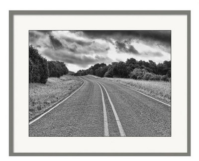 Approaching Point B, b&w photograph of Texas Hill Country highway.